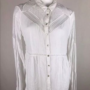 FREE PEOPLE BLOUSE Med White Lace Boho Button Frnt